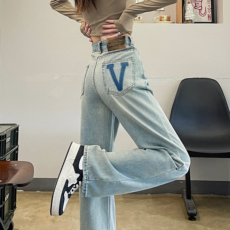 High waist wide leg jeans for women Spring 2024 new contrast color design narrow version slimming small straight pants