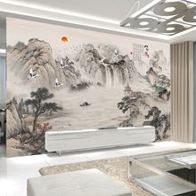 5d中式山水画电视背景墙新款2025壁画客厅沙发壁纸3D立体墙布壁布