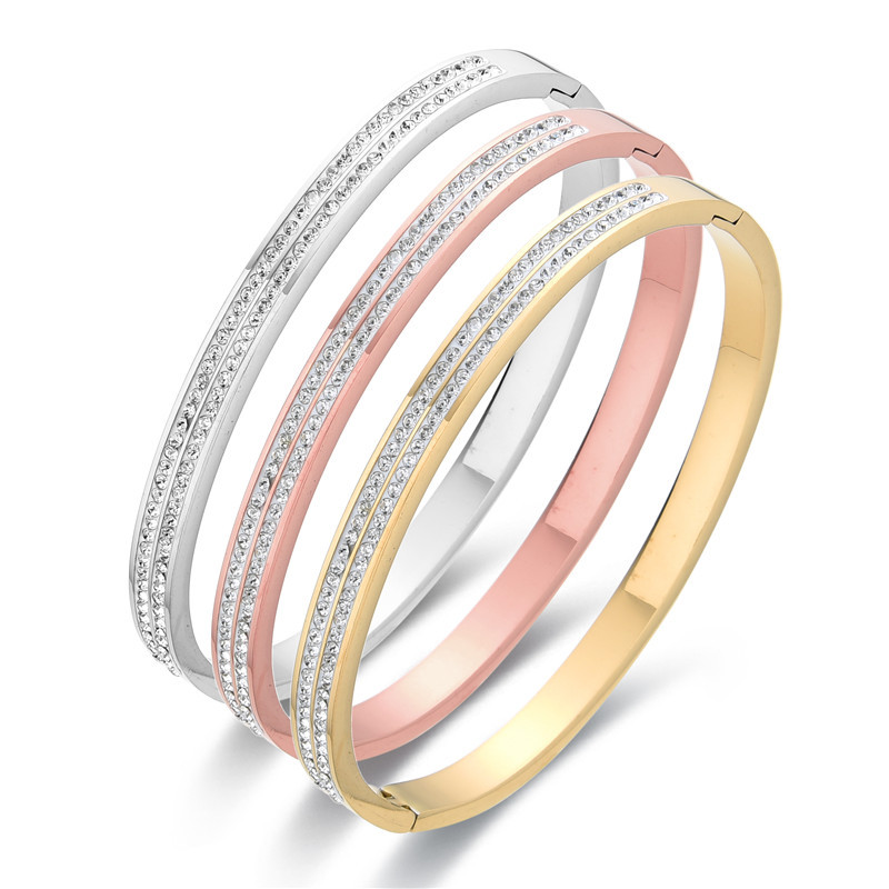 Bracciale da donna a doppia fila singola con diamanti tempestati di stelle in acciaio stile mattone di fango da 2 pezzi_voghion.com