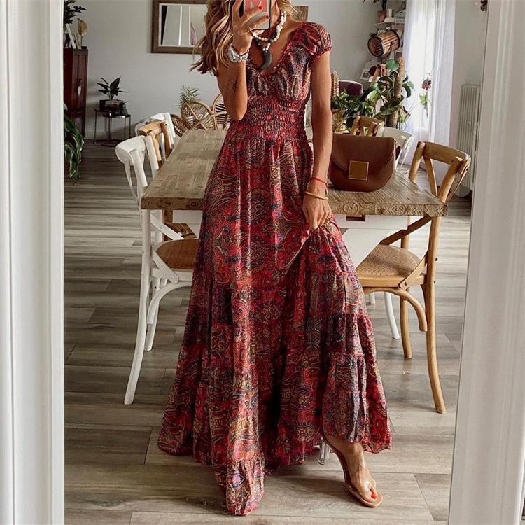 European and American Dress Amazon wish Hot Bohemian Style V-Neck Tight Waist Floral Oversized Dress European and American Dress Amazon wish Hot Bohemian Style V-Neck Tight Waist Floral Oversized Dress