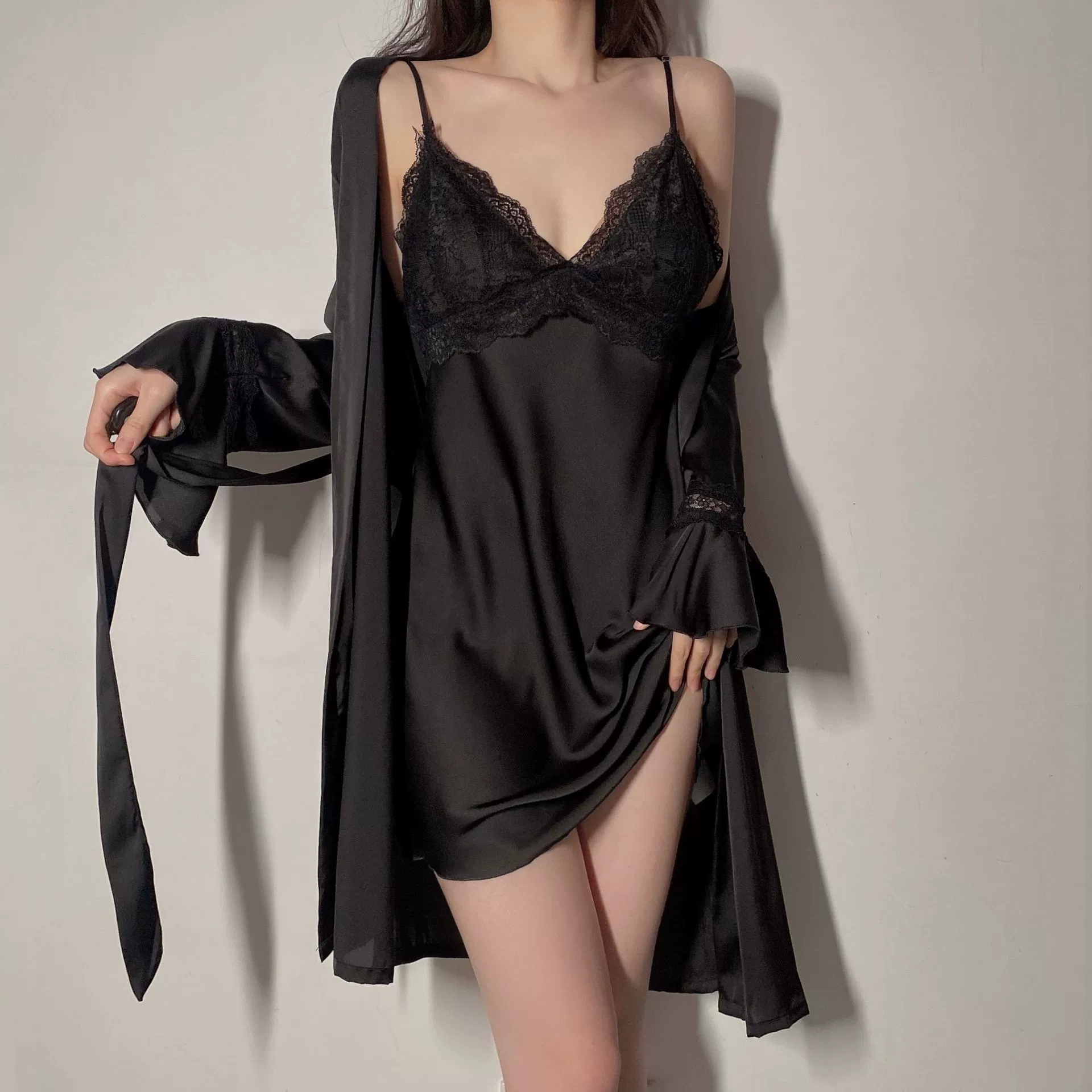 Spring summer pijama, bathrobe, long-sleeve, sexy silk set, lifting effect