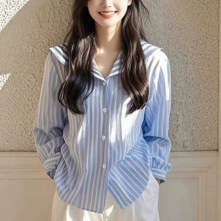 蓝色条纹海军领衬衫外套女秋季新款设计感上衣时尚洋气时髦衬衣