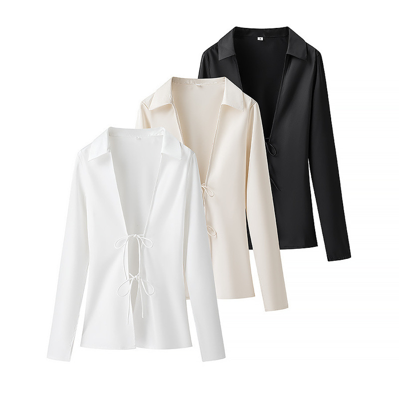 Foreign Trade Cross-border 2025 Spring New Women's Clothing European and American Fashion Deep V-neck Bow Silk Satin Texture Shirt