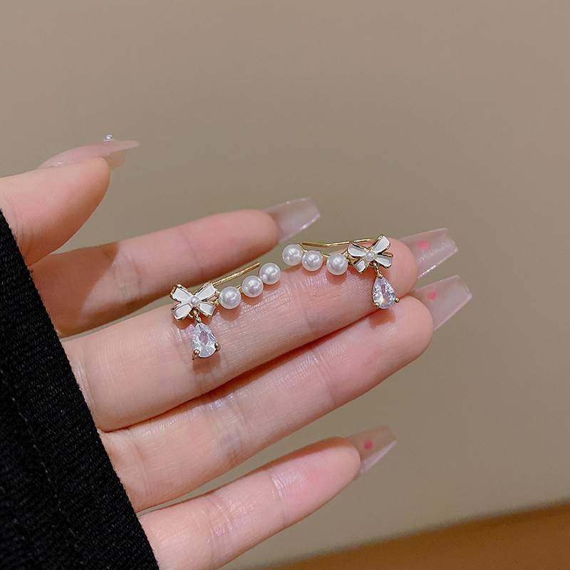 Small design brand retro earrings pearl with bow with zircon