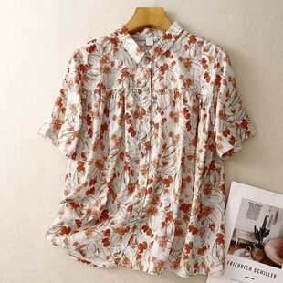 Real Shot of Summer Forest Style Pure Cotton Printed Shirt Retro Literary Loose Large Size Lapel Shirt Women's Top 790 #