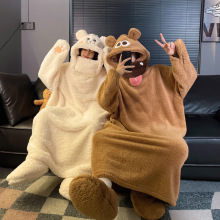 搞怪小熊连体睡衣男女士秋冬季珊瑚绒加厚情侣搞怪沙雕宽松家居服