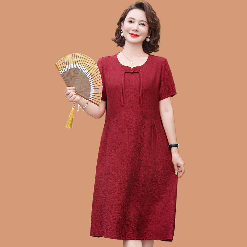 新しい中国式のお母さんの夏服の半袖のワンピースのファッションの大きいサイズの中高年の女性の夏のゆるいカジュアルな洋風のスカート|undefined