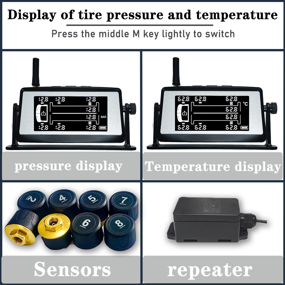 8-wheel heavy truck fire truck tire pressure monitoring system manufacturer high-precision tire pressure detector solar external