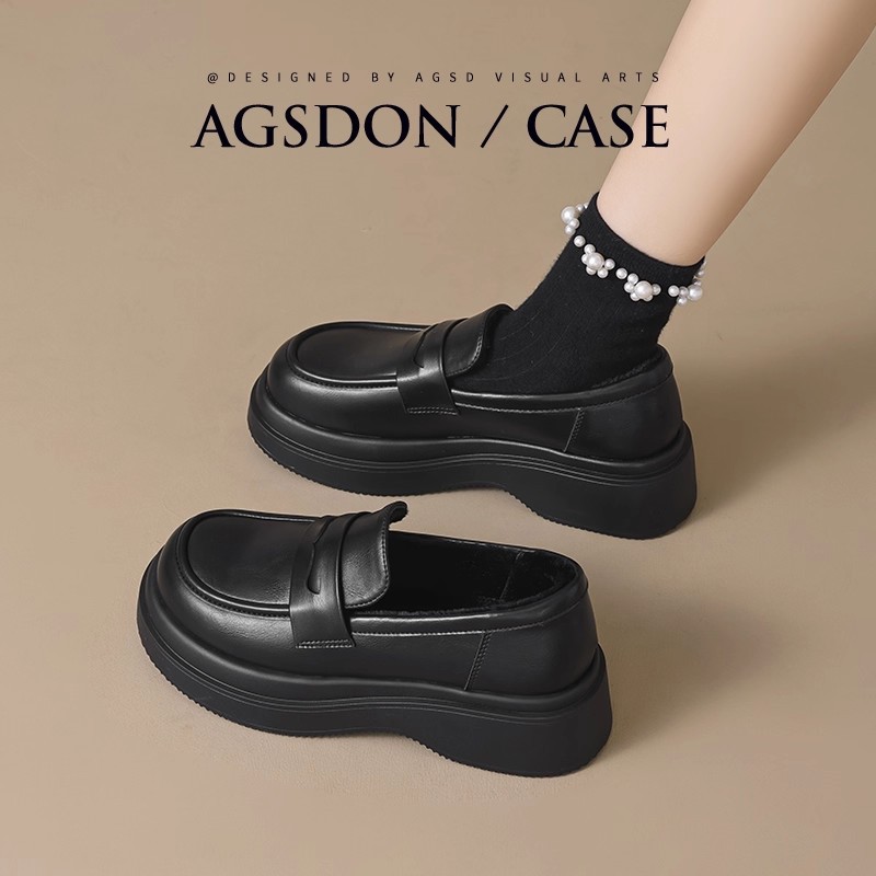 Augu Shi Deng negro Lefour zapatos mujeres 2025 invierno nuevo retro mate zapatos de cuero con zapatos de lana jk