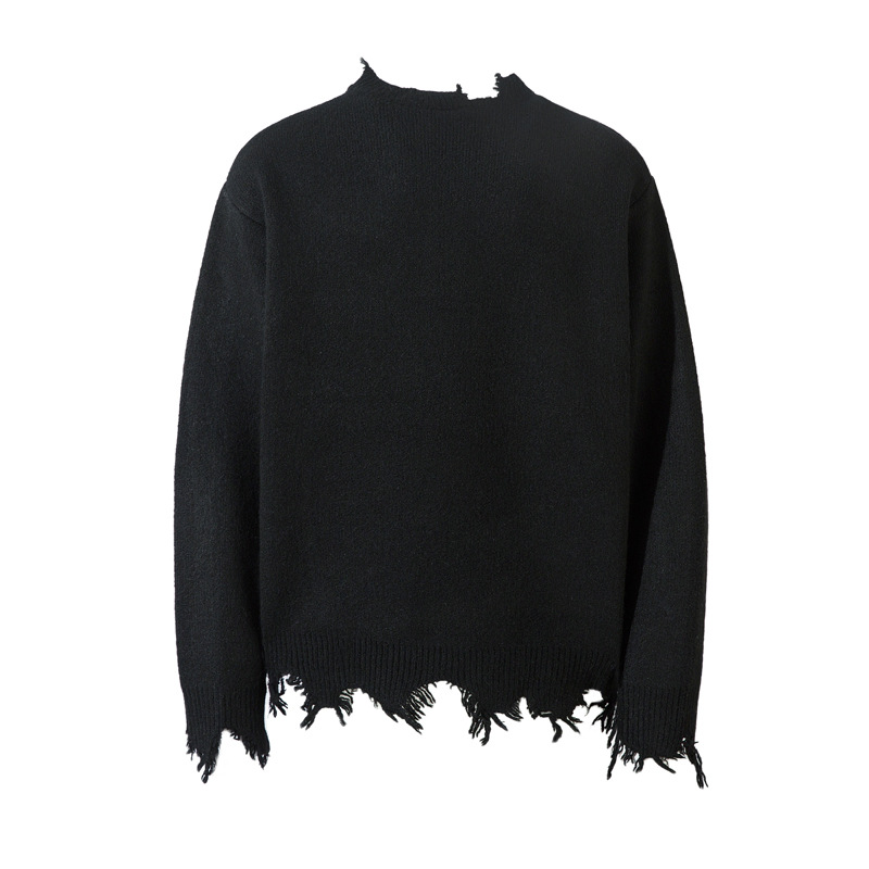 Pull zippé à ourlet endommagé de la rue haute, pull en tricot de niche hip-hop surdimensionné de marque de mode américaine pour hommes_voghion.com