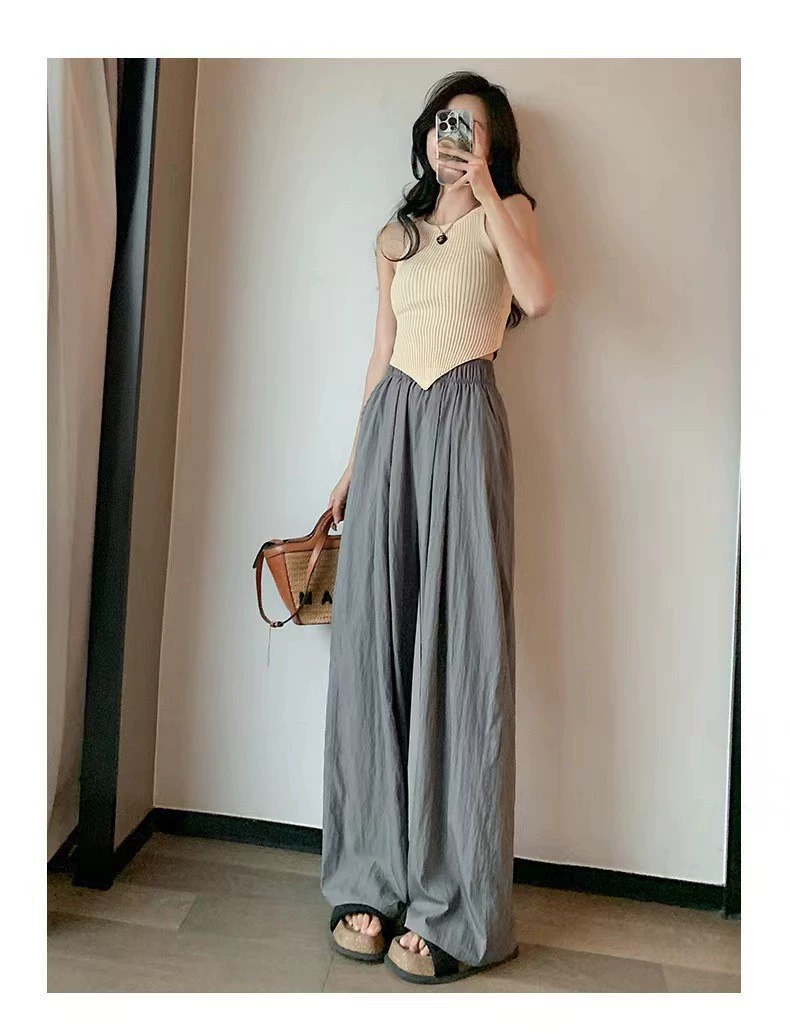 Брюки с высокой талией из шелка, тонкие, облегающие — для отдыха, широкие штанины, один размер (без карманов)