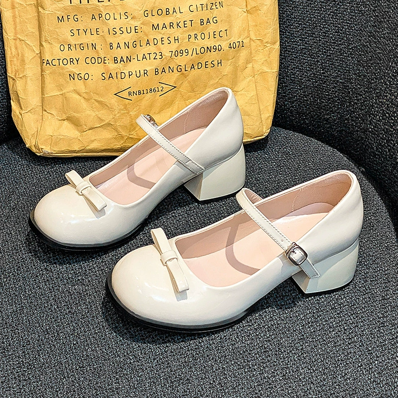 Красивая женская обувь Mary Jane с круглым носком и массивным каблуком 2023 новая Однослойная обувь в сказочном стиле с бантом и юбкой с мелким ртом