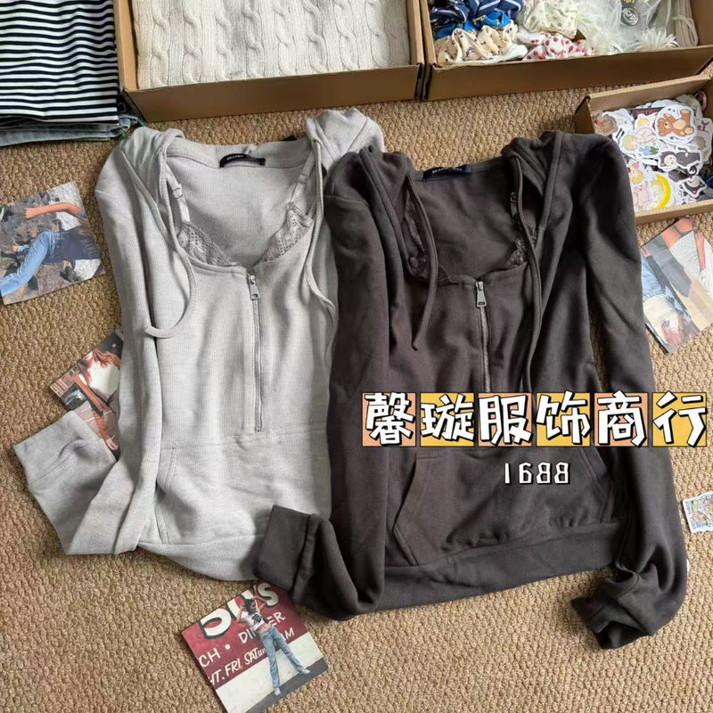 Bm Style New Fake Two-Piece Hooded Sweatshirt with Lace Splicing, Solid Color Versatile Slim-Fit Top Jacket Bm Style New Fake Two-Piece Hooded Sweatshirt with Lace Splicing, Solid Color Versatile Slim-Fit Top Jacket