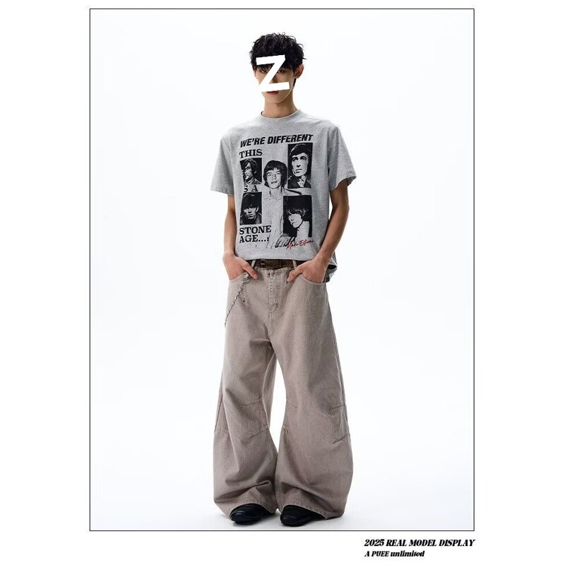 American Retro Rock Band Printed Short-Sleeved T-Shirt for Men and Women, Loose Casual Half-Sleeved Top, Trendy Gray White Cotton