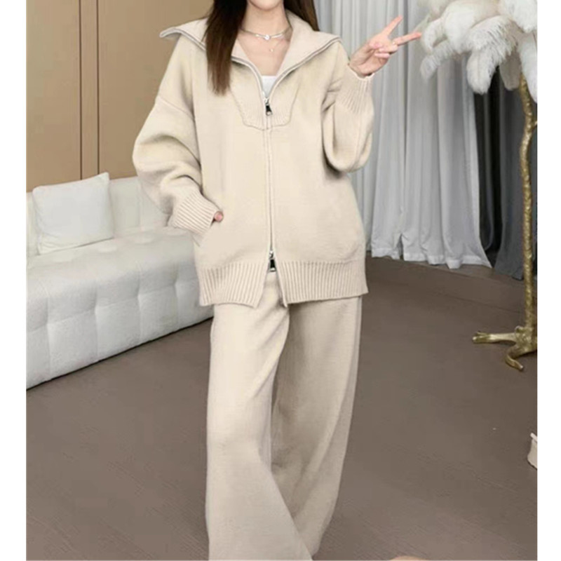 2023 Herbst/Winter neues koreanisches Strick-Reißverschluss-Western-Pullover-Strickjacke-Set mit hoher Taille und weiten Beinen_voghion.com