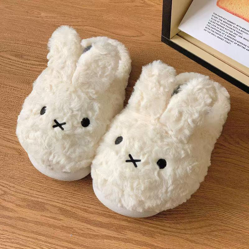 Cute Little White Rabbit Cotton Slippers for Women, Home Cotton Slippers for Women, Fleece-Lined Cotton Slippers for Men, Warm Shoes, Confinement Shoes, Toe-Toe Slippers