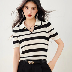 R4055通勤カジュアル高豪華手作りフック上着紫外線防止リネンストライプvネックtシャツ夏新作