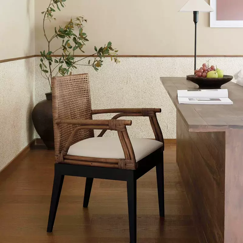 中古藤编餐椅侘寂风复古靠背单椅庭院户外椅子新中式茶椅主人椅