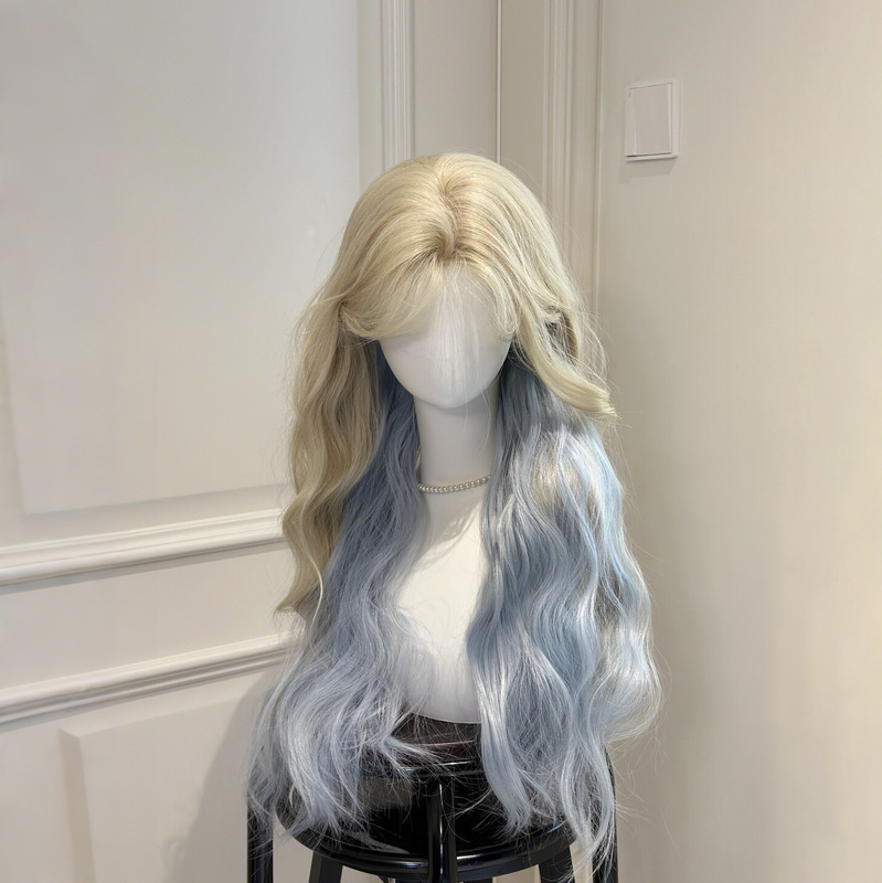 [Cheese Sea Salt] Wig Hairpiece for Women with Middle Part and Bangs, Realistic Platinum Blue Gradient Layered Dyed Wig