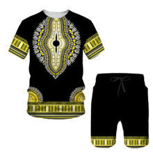 跨境復古風格嘻哈T恤+短褲男性/女性運動套裝夏季非洲3D打印套裝