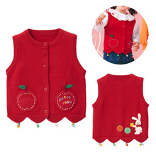 童装春秋新款女童卡通小兔苹果刺绣针织马甲背心开衫外套