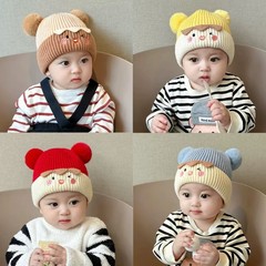 ベビー帽子秋冬可爱い毛玉プルオーバーキャップ乳幼児ニット毛糸厚い耳当て男女超萌え潮