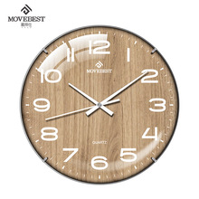 12寸无边框创意挂钟中式木纹时钟家用客厅静音夜光弧形凸玻璃挂表