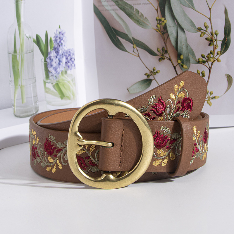 Ethnic Style Flower Pu Leather Alloy Embroidery Plating Women's Leather Belts display picture 1