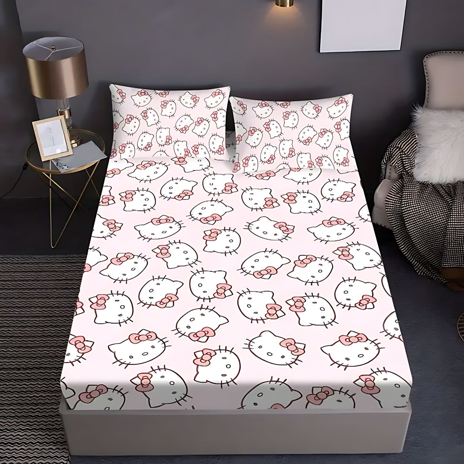 TEMU / JIT Cute Kitty serie de patrón de tema impresión digital 3D suave cama cómoda gaza almohada set
