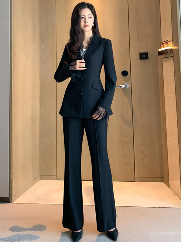 【品牌专供】蕾丝设计西装套装女高级感气场全开西服微喇裤2件套|undefined