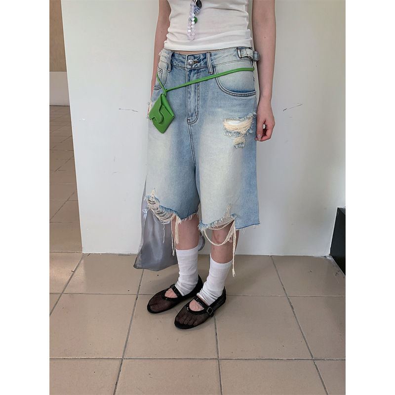 Yuyi New 2025 Summer Retro Street Ripped Jeans Women's Distinctive Belt Buckle Straight Pants xf1253