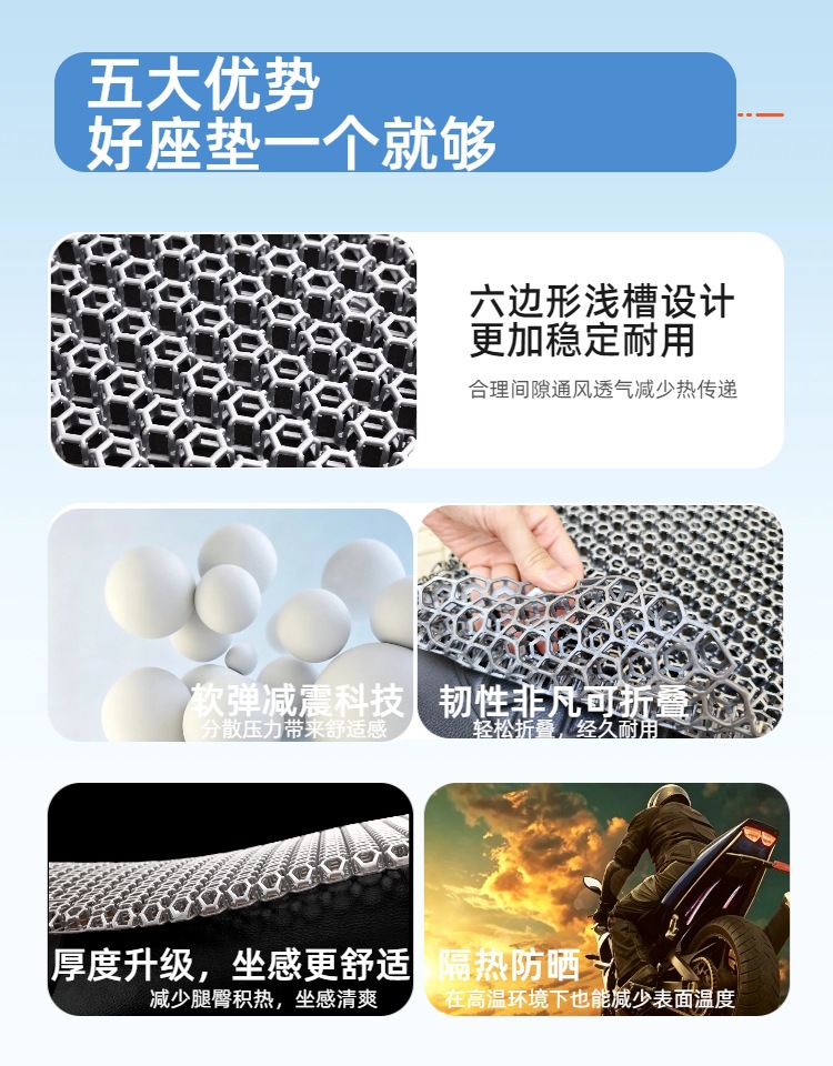 Electric Vehicle Ventilated Seat Cushion 4D Hollow-Out Motorcycle Seat Cushion Breathable Heat-Insulating Rainproof Long-Sitting Non-Wetting Summer Cushion