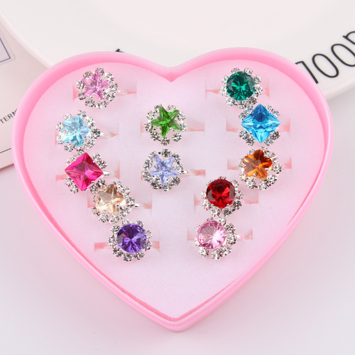 Children's Ring Box Set Student Love Box Set Water Diamond Girls Ring Adjustable 36 Pieces Princess Ring