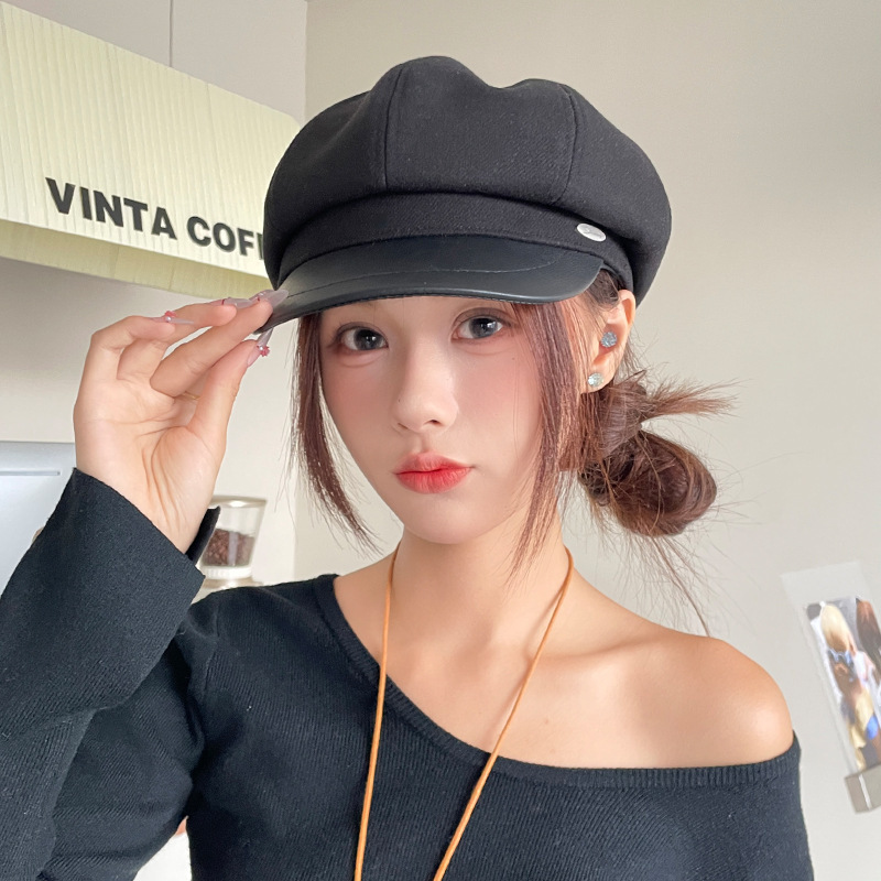 秋冬毛呢贝雷帽子女韩版百搭显脸小鸭舌帽时尚复古英伦百搭八角帽|undefined