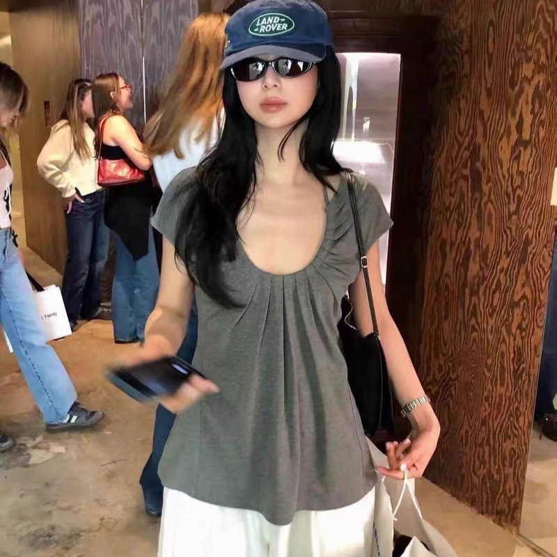 Mona Xh Korean Style Fever-Inspired Short-Sleeve T-Shirt, Dongdaemun Summer New Lace-Up U-Neck Slimming Top for Women Mona Xh Korean Style Fever-Inspired Short-Sleeve T-Shirt, Dongdaemun Summer New Lace-Up U-Neck Slimming Top for Women