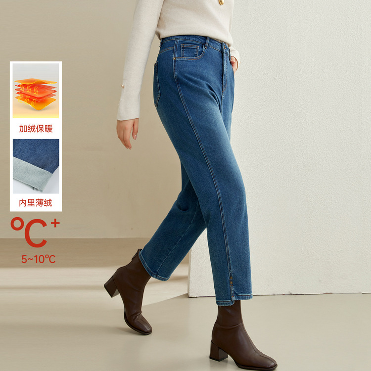 【Fleece straight jeans】Finish-show large size women's clothing, simple and versatile slim pants, fat mm new winter clothing style