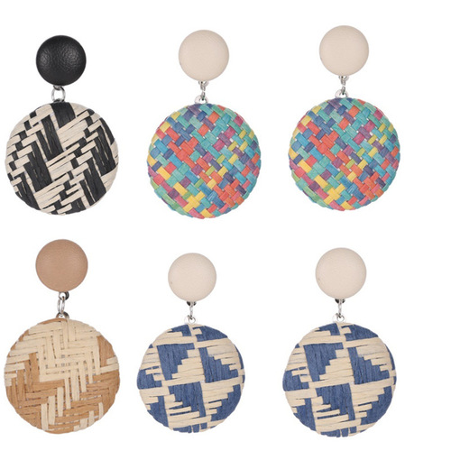 New European and American Cross-Border Earrings Bohemian Style Retro Button Drop Earrings Ethnic Style Woven Grass Paper Round Earrings