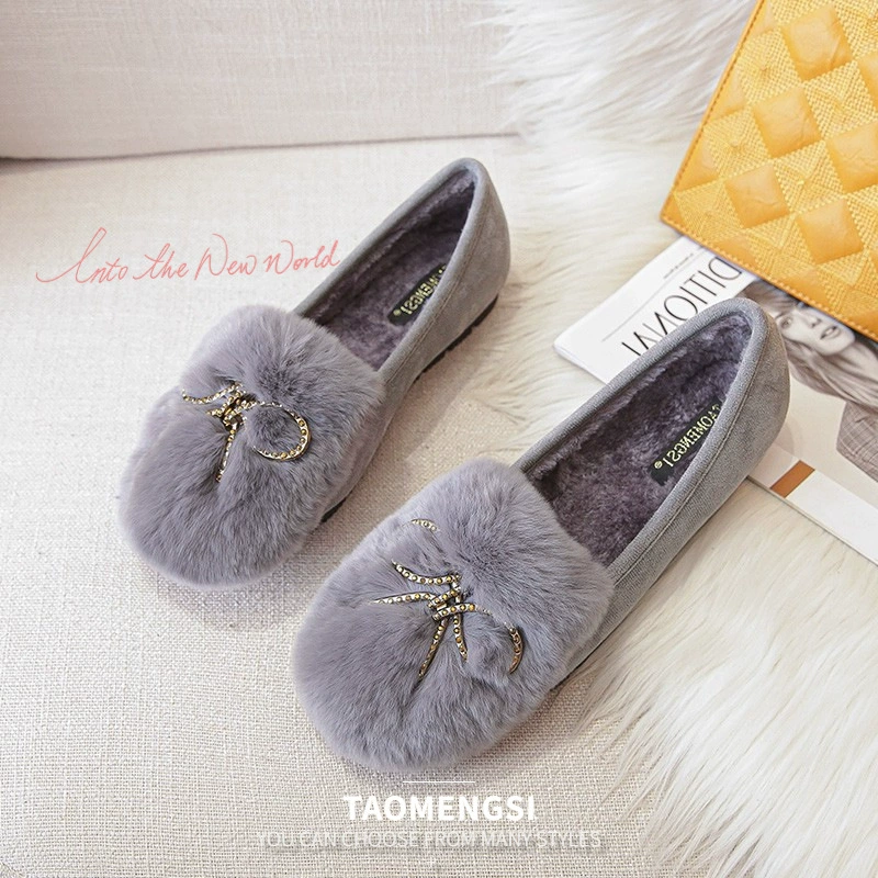 Женские туфли T20 Huidong Yixinda из кроличьего меха с бантом, мягкие лоферы на толстой подошве с плюшевой подкладкой.