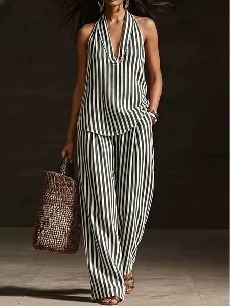 European and American Amazon Cross-Border Independent Site Spring and Summer Striped Wide-Leg Pants Halter Neck Sleeveless Top Cotton and Linen Two-Piece Set