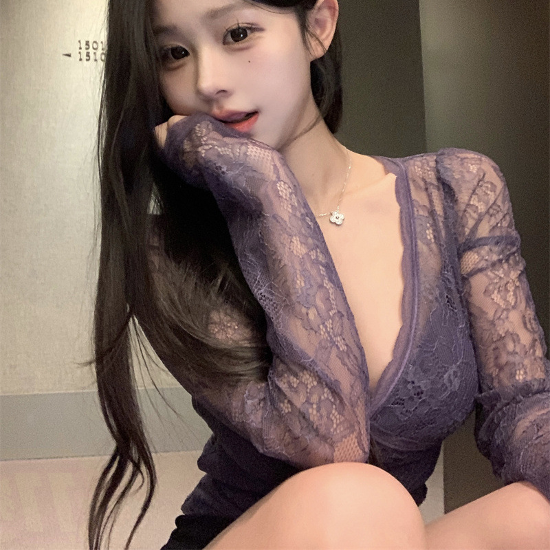 sexy lace purple autumn demi-season short base long-sleeve