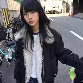 1500G环保狼毛棉服狼王短宽座山雕厚夹克美式复古黑色毛领棉衣
