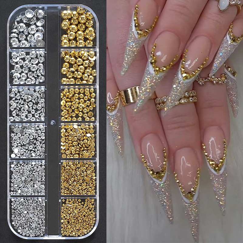 Cross-border Explosions 12-grid Mixed Gold and Silver Half-round Pearl Nail Jewelry Star Moon Metal Nail Decoration Accessories