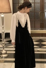 秋冬款氛围感丝绒法式背心裙吊带连衣裙半高领打底衬衫两件套套装