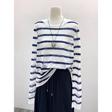 韩系薄款黑白条纹长袖防晒t恤空调衫女夏季休闲慵懒空调罩衫上衣