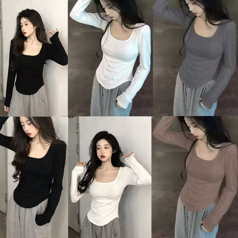 不规则方领纯棉t恤女长袖春秋季新款修身短款辣妹纯色打底衫上衣