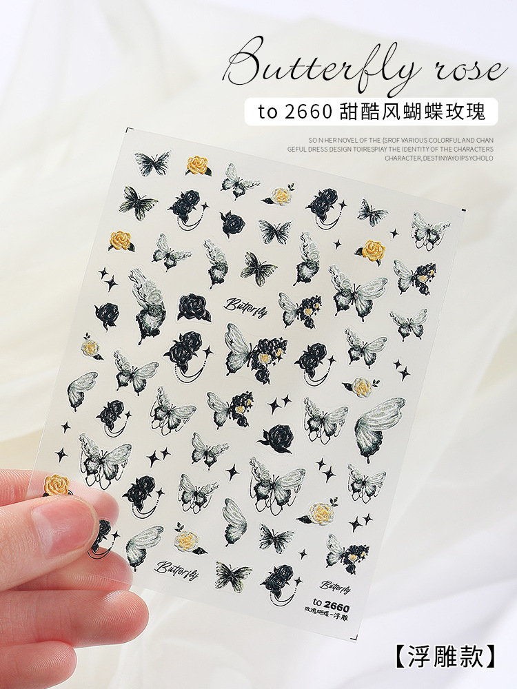 Pegatinas de Uñas con Diseño de Mariposa y Rosa, Estilo Moderno, Dulce y Atrevido, con Relieve Tridimensional, Novedad 2025