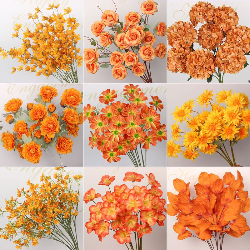 Orange Artificial Flowers, Orange Peony Hydrangea Mist Oncidium Flower Arrangement, Wedding Silk Flowers Orange Series