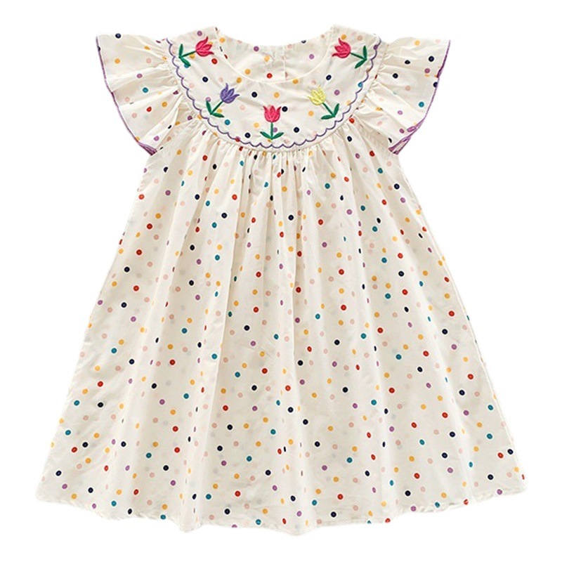 Corea del Sur ropa para niños colorido lunares tulipán bordado vestido de niña 2024 verano vuelo manga dulce princesa vestido