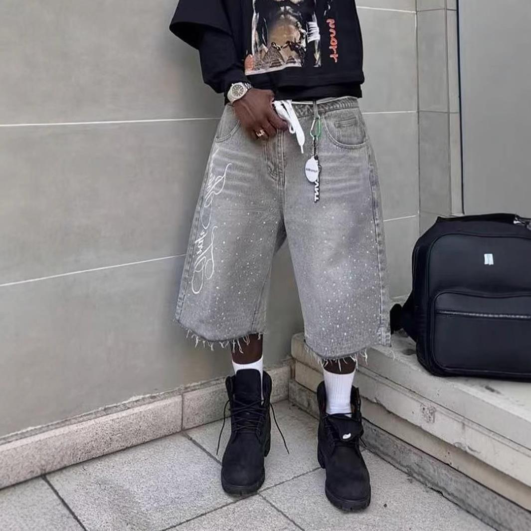 Temu Export American Retro Washed High Street Denim Shorts for Men and Women, Straight Wide-Leg, Loose, Casual and Versatile