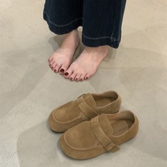 磨砂豆豆鞋女一脚蹬复古勃肯鞋懒人乐福鞋平底软底平底单鞋子